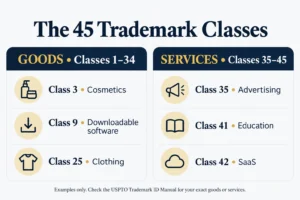 Infographic showing key Nice Classification trademark categories divided into Goods (Class 3 Cosmetics, Class 9 Downloadable software, Class 25 Clothing) and Services (Class 35 Advertising, Class 41 Education, Class 42 SaaS).