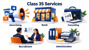 Examples of Trademark Class 35 services: advertising, retail, consulting, recruitment, and administration.