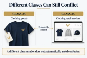 Diagram illustrating how different trademark classes can still conflict, showing Class 25 (clothing goods) potentially relating to Class 35 (clothing retail services) under the same brand logo.