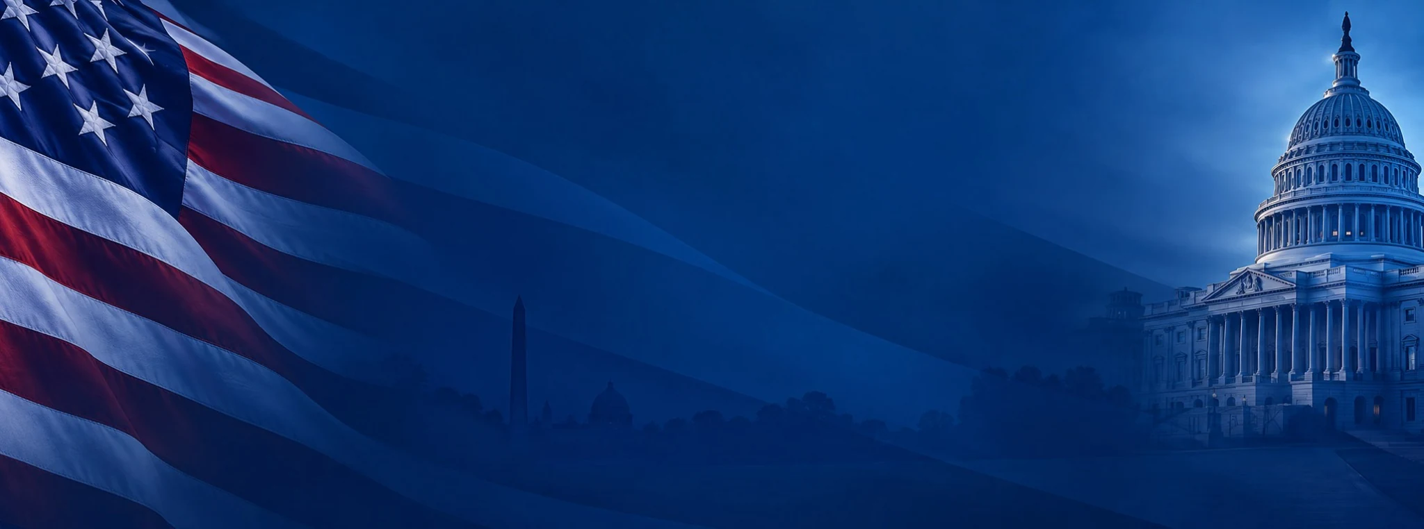 Patriotic blue background graphic featuring a waving American flag on the left and the U.S. Capitol building on the right.