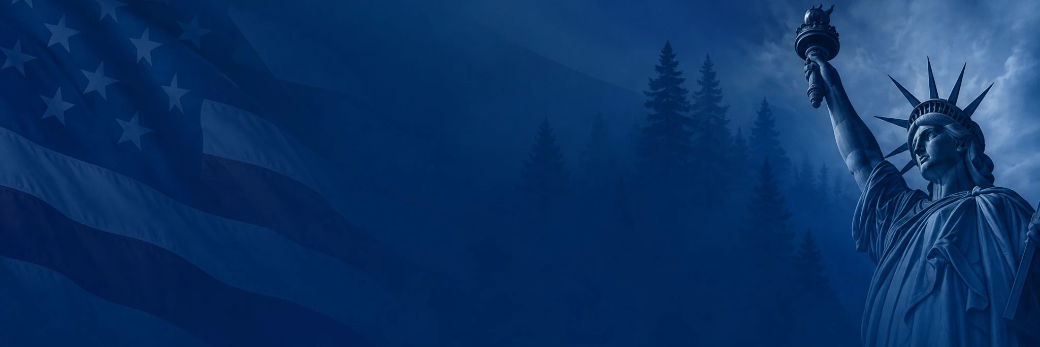 Patriotic dark blue background banner featuring a faded American flag on the left and the Statue of Liberty on the right.