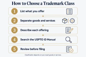 Step-by-step flowchart showing how to choose a trademark class, covering listing offerings, separating goods and services, describing offerings, searching the USPTO ID Manual, and reviewing before filing.