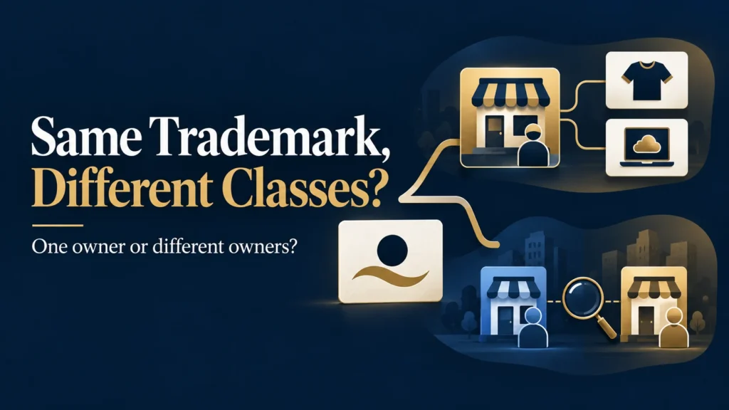 Visual graphic asking "Same Trademark, Different Classes?" illustrating one business owner using a brand across multiple categories vs. two separate business owners using similar trademarks in non-competing classes.