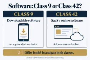 Comparison infographic for trademarking software showing Class 9 for downloadable software and apps versus Class 42 for SaaS and online software.