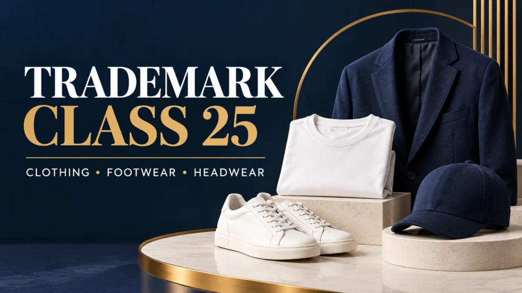 Trademark Class 25 illustrated with a jacket, T-shirt, sneakers, and cap
