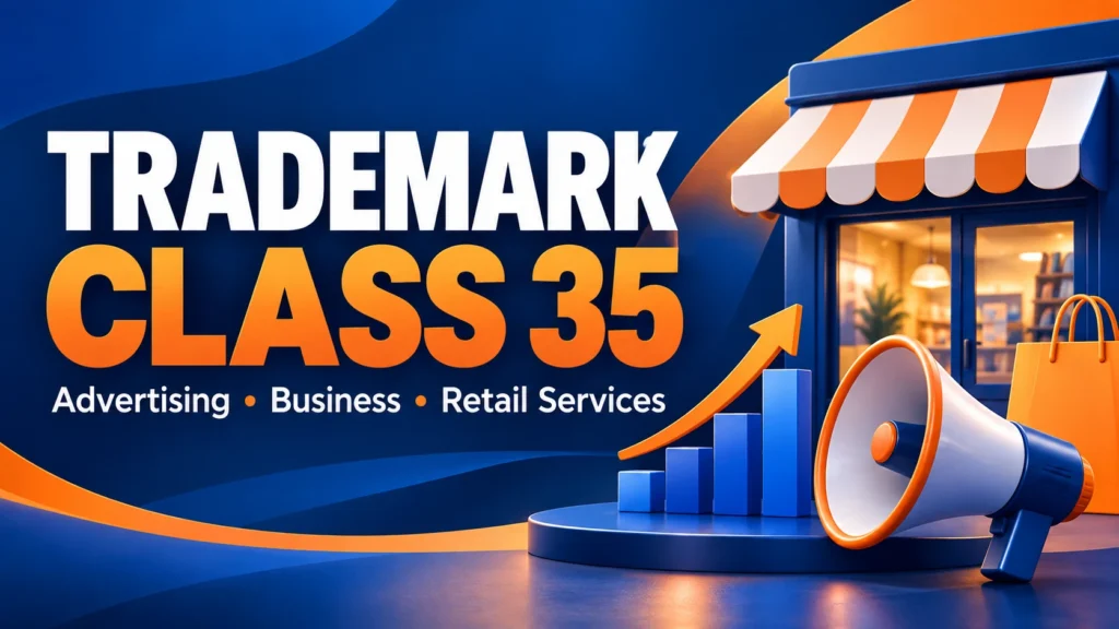 Trademark Class 35 advertising, business, and retail services illustration.