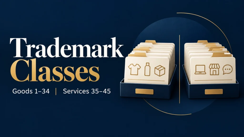 Graphic illustration of trademark classes divided into Goods (Classes 1–34) and Services (Classes 35–45) with folder icons.