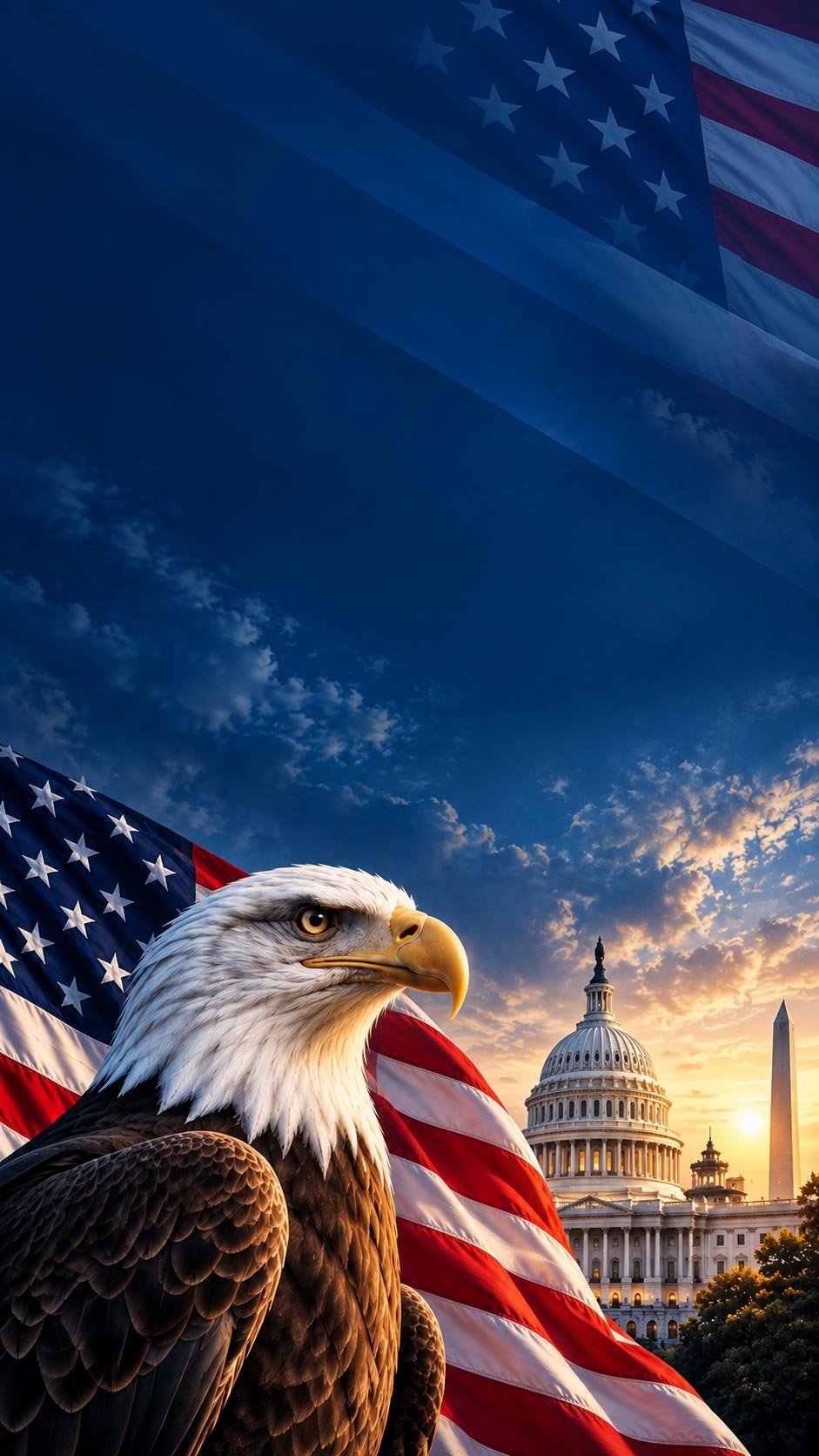 Vertical Eagle Mark USA promo banner showing an American bald eagle, a waving U.S. flag, the Capitol building, and the Washington Monument