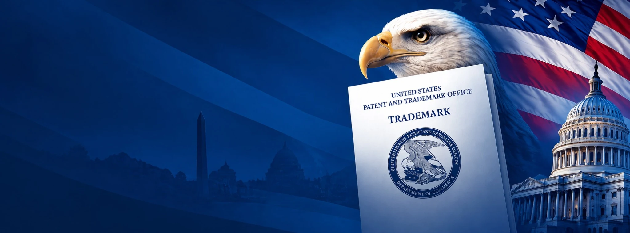 Eagle Mark USA website hero banner featuring an American eagle head, a USPTO trademark document, the U.S. Capitol dome, and an American flag.