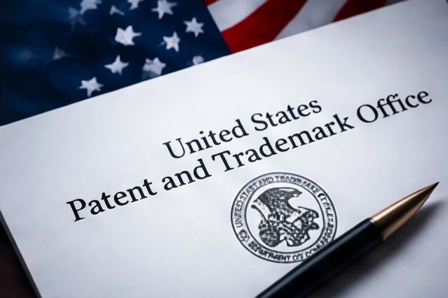 Close-up of an official United States Patent and Trademark Office document with seal and pen against an American flag background.