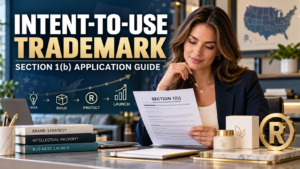 Businesswoman reviewing a Section 1(b) intent-to-use trademark application before launching a new brand.