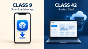 Split image contrasting Class 9 downloadable app on a mobile phone with a download arrow against Class 42 hosted SaaS on a laptop connected to cloud servers.