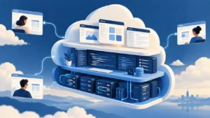 3D illustration of a central cloud container storing servers and application windows connected to multiple remote users on laptop screens against a sky background.