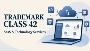 Feature banner for Trademark Class 42 covering SaaS and technology services next to a laptop displaying cloud and analytics dashboards.