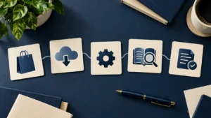 Flat lay overhead desk setup featuring five sequential process cards with icons for shopping bag, cloud download, settings gear, manual lookup, and approved document