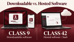 Side-by-side comparison image showing Class 9 downloadable software on a laptop and mobile screen versus Class 42 hosted software and SaaS on a web browser connected to a cloud icon.