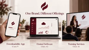 One technology brand offering a downloadable app, hosted software, and training services across Classes 9, 42, and 41.