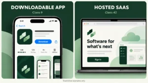 Split visual comparison showing Class 9 downloadable mobile app interface on a smartphone alongside Class 42 hosted SaaS web platform on a laptop screen.