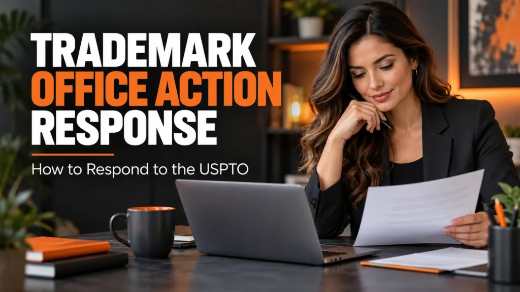 Woman reviewing a trademark Office Action beside a laptop, with a dark grey and orange headline.
