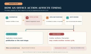 Flowchart showing trademark examination, issuance of an Office Action, applicant response, USPTO review, and outcomes when issues are resolved or remain.