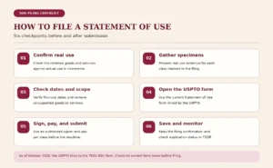 Six-step checklist covering actual trademark use, specimens, first-use dates, the USPTO form, signing and payment, and monitoring the filing.