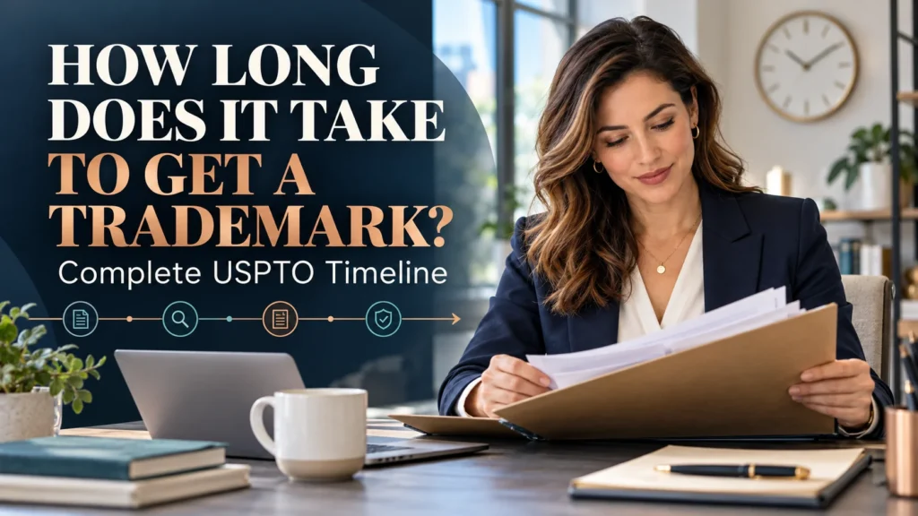 Business owner reviewing trademark application documents beside a clock and a visual USPTO trademark registration timeline.
