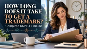 Business owner reviewing trademark application documents beside a clock and a visual USPTO trademark registration timeline.