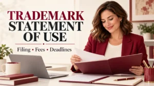 Smiling businesswoman reviewing trademark documents in a cream and cherry feature image about filing a Trademark Statement of Use.