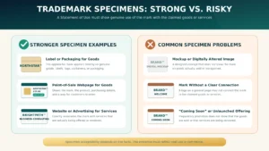 Comparison of stronger trademark specimen examples with mockups, coming-soon pages, and specimens lacking a clear connection to the claimed goods or services.