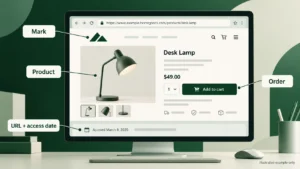 E-commerce product page interface pointing out four essential trademark specimen requirements: trademark logo mark, product image, order button, and URL with access date.