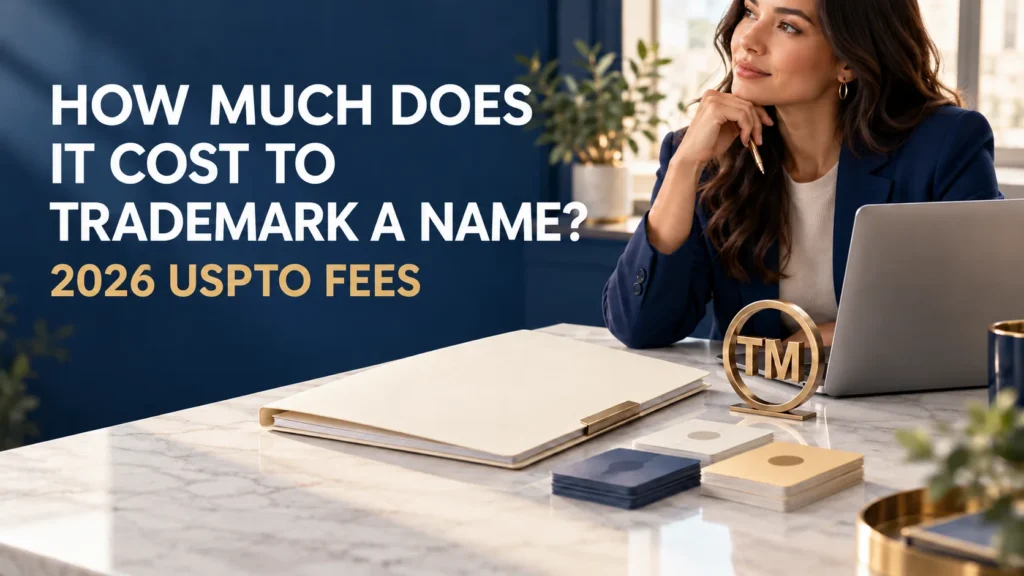 Featured image reading “How Much Does It Cost to Trademark a Name?” beside a business owner and TM symbol