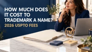 Featured image reading “How Much Does It Cost to Trademark a Name?” beside a business owner and TM symbol