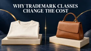 Folded shirt and leather handbag illustrating different goods that may require different trademark classes
