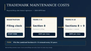 Timeline showing Section 8 filing in years 5–6 and combined Sections 8 and 9 filing in years 9–10