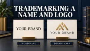 Side-by-side example of a plain word mark and a name with a design