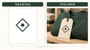 Comparison layout showing a clean 2D trademark drawing on the left and a real-world specimen hangtag attached to clothing on the right.