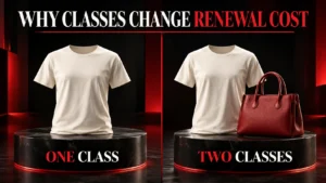 Comparison of a clothing-only example and a clothing-plus-handbag example illustrating one versus two trademark classes
