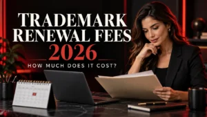 Woman reviewing trademark documents beside a calendar, with a headline about 2026 trademark renewal fees