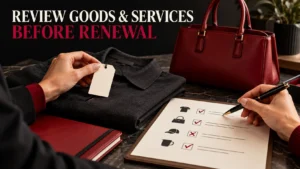 Business owner reviewing clothing, a handbag, and a checklist before trademark renewal