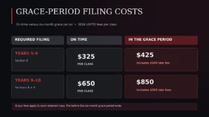 Comparison of 2026 per-class Section 8 and combined Sections 8 and 9 fees when filed on time or during the grace period