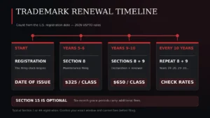 Timeline showing Section 8 maintenance in years 5–6 and combined Sections 8 and 9 renewal in years 9–10 and every ten years afterward