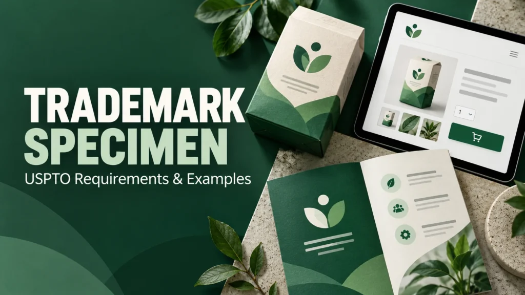 Header banner for USPTO trademark specimen guide featuring physical product packaging, an e-commerce tablet, and a printed brand brochure on a slate surface.