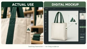 Side-by-side visual comparison contrasting a real photograph of a canvas tote bag tag showing actual commercial use with a digital mockup inside graphic design software.